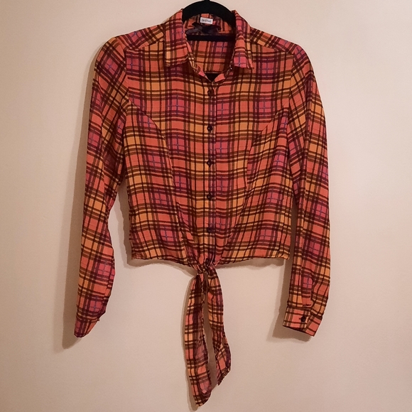 Button Down Tie-Front Plaid Shirt Blouse Size S - Picture 4 of 7